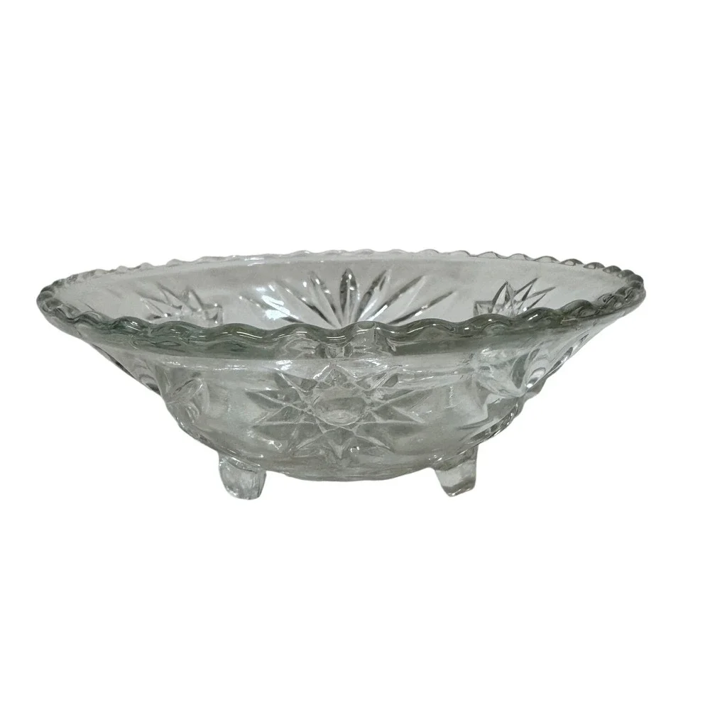 Vintage Glass Footed Bowl Starburst Pattern Scalloped Edge Dessert‎ Dish